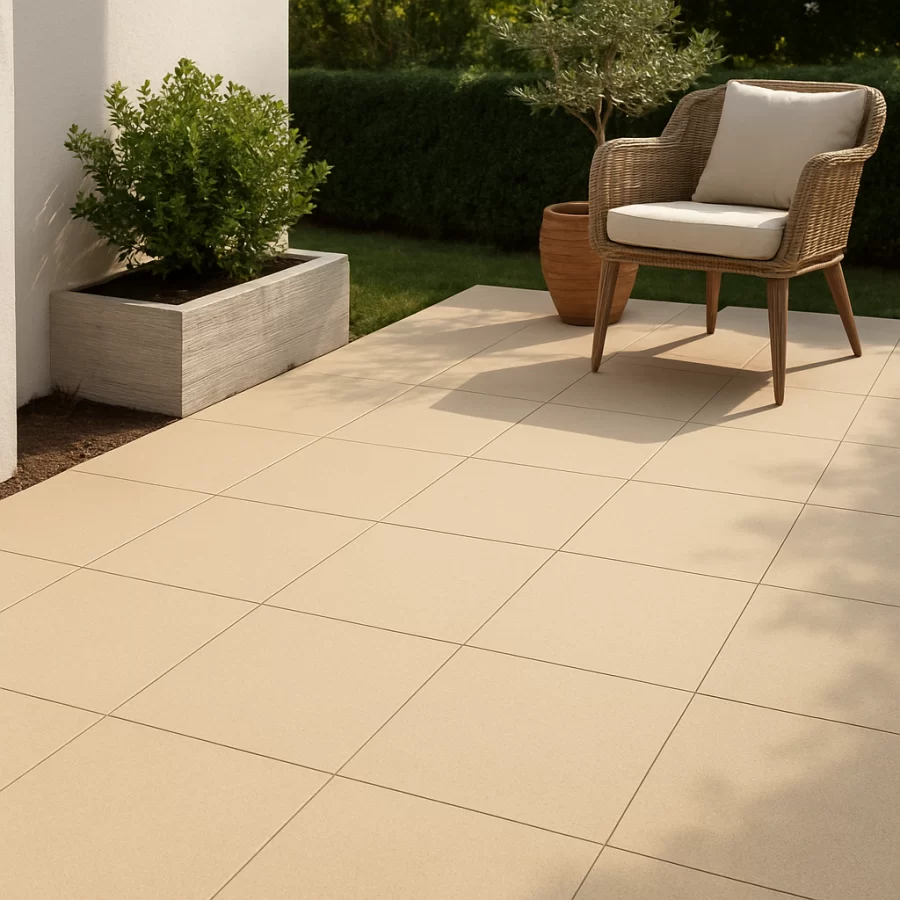Gạch Đồng Tâm 60x60 mã 6060VICTORIA004 trong khu vực ngoài trời sáng sạch, giữ đúng tông vàng và họa tiết vân cát.