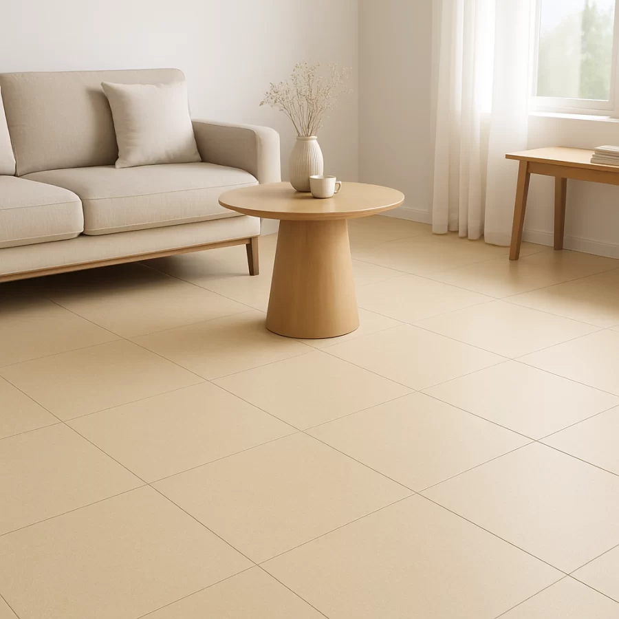 Gạch Đồng Tâm 60x60 mã 6060VICTORIA004 được lát trong không gian tối giản, làm nổi bật tông vàng nhẹ và bề mặt sần.