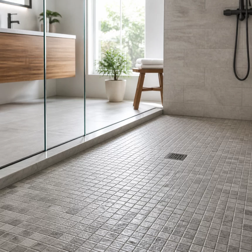 Sàn nhà tắm lát mosaic có bề mặt nhám nhẹ giúp tăng độ bám khi gặp nước