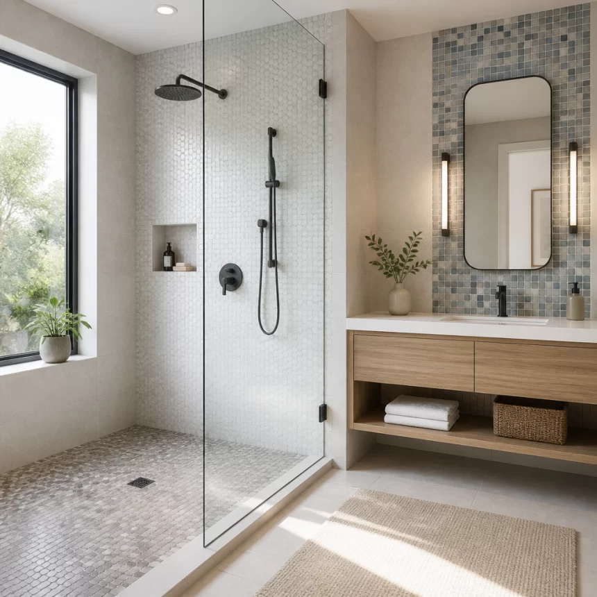 Phòng tắm hiện đại với các khu vực ướt khác nhau dùng mosaic phù hợp cho từng vị trí.