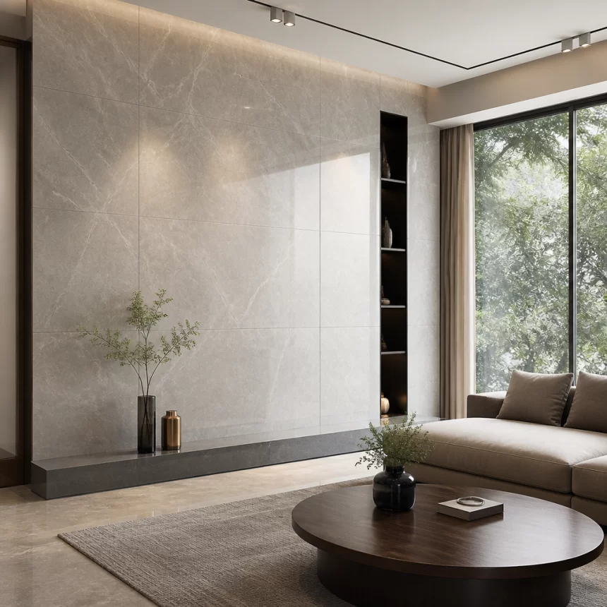 Mảng tường ốp gạch Ấn Độ 120x180 với ít mạch ghép, tạo cảm giác liền mạch.