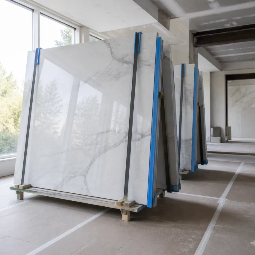 Gạch khổ lớn 120x180 được chuẩn bị cẩn thận trước khi thi công trong công trình nội thất.