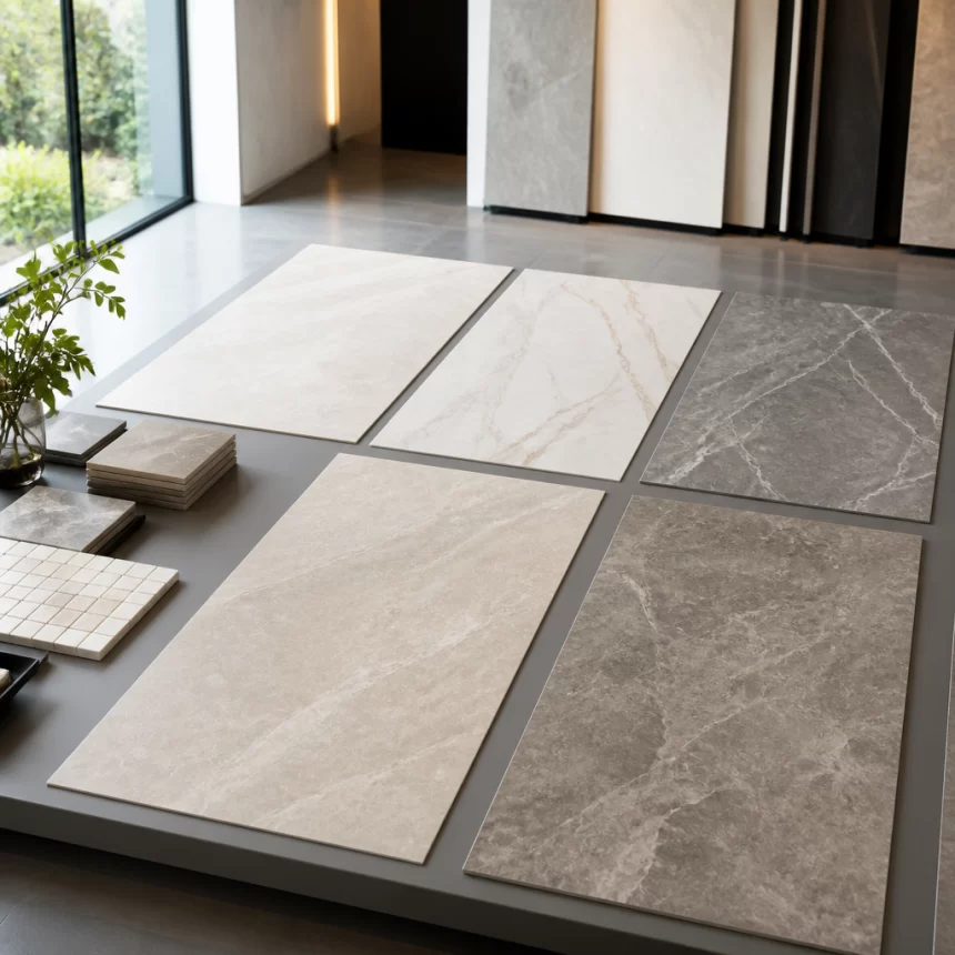 Mẫu gạch khổ lớn 120x180 được trưng bày gọn gàng để tham khảo trước khi chọn mua.