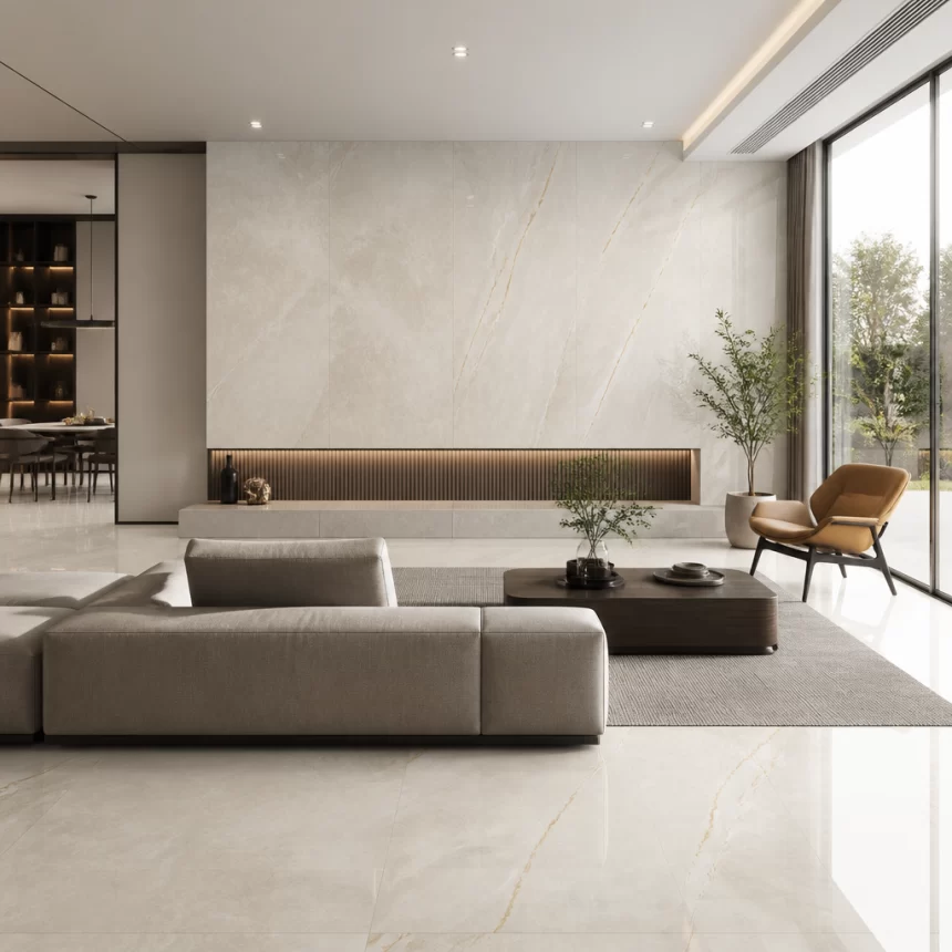 Mảng tường ốp gạch nhập khẩu Ấn Độ 120x180 trong không gian hiện đại, khổ lớn liền mạch và sang trọng.