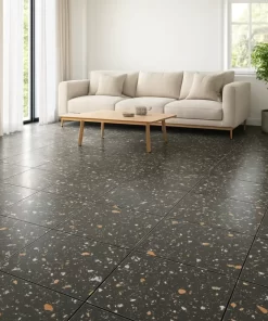 Sàn phòng khách lát gạch Novita CEPPO terrazzo đen 60x60 vân đá tự nhiên, kiểu men matt hiện đại