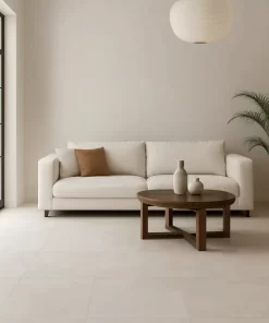 Gạch lát nền Novita NATURAL màu trắng kem vân xi măng trong phòng khách hiện đại, giữ đúng màu sắc và bề mặt matt của gạch