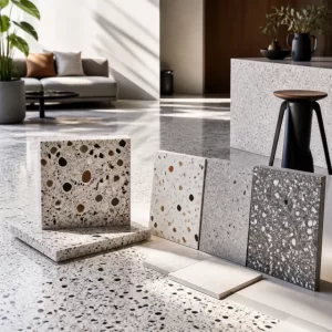 Không gian nội thất với bề mặt terrazzo và mẫu vật liệu minh họa gạch giả terrazzo.