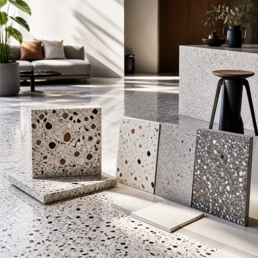 Không gian nội thất với bề mặt terrazzo và mẫu vật liệu minh họa gạch giả terrazzo.
