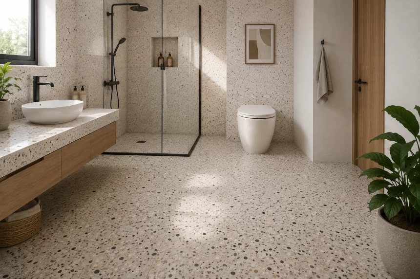 Gạch terrazzo nhà tắm: Kinh nghiệm chọn bề mặt, kích thước và màu sắc phù hợp khu vực ẩm