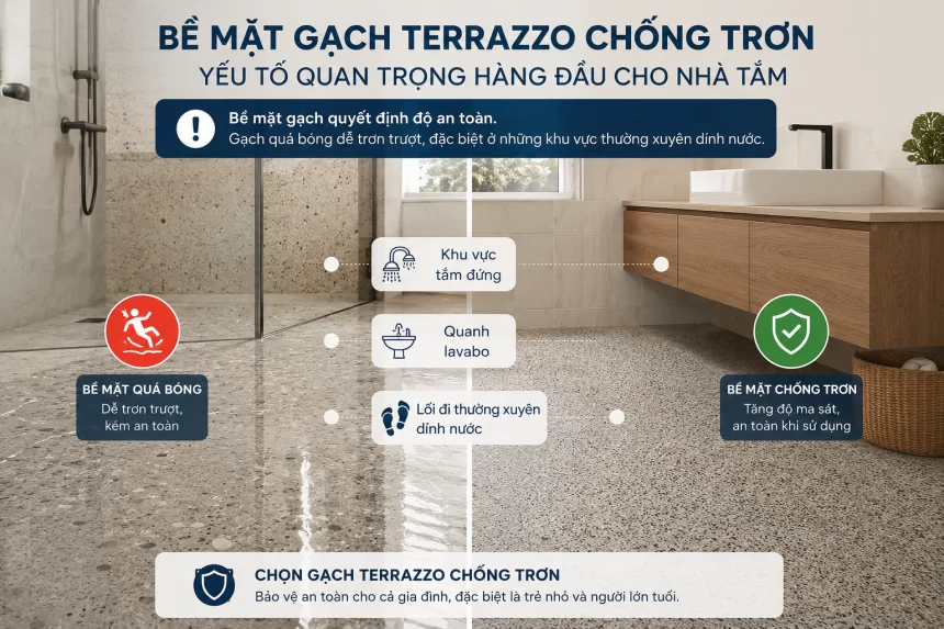 Gạch terrazzo nhà tắm: cần chọn bề mặt chống trơn