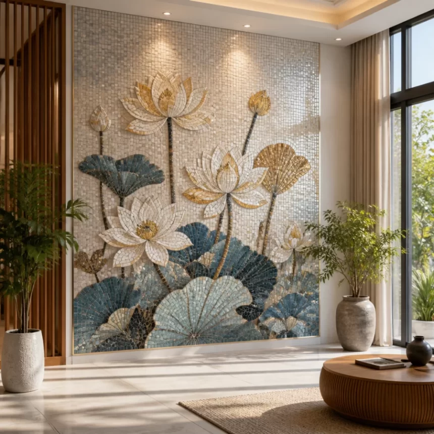 Mảng tường trang trí bằng gạch tranh mosaic trong không gian nội thất hiện đại, bố cục hài hòa và nổi bật.
