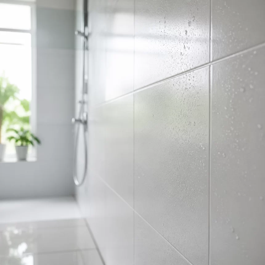 Bề mặt gạch phòng tắm với đường ron sạch và ít bám bẩn, minh họa tiêu chí kháng ẩm khi chọn keo chà ron chống mốc.