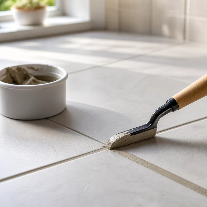 Cận cảnh đường ron gạch đang được hoàn thiện bằng vật liệu chít mạch.