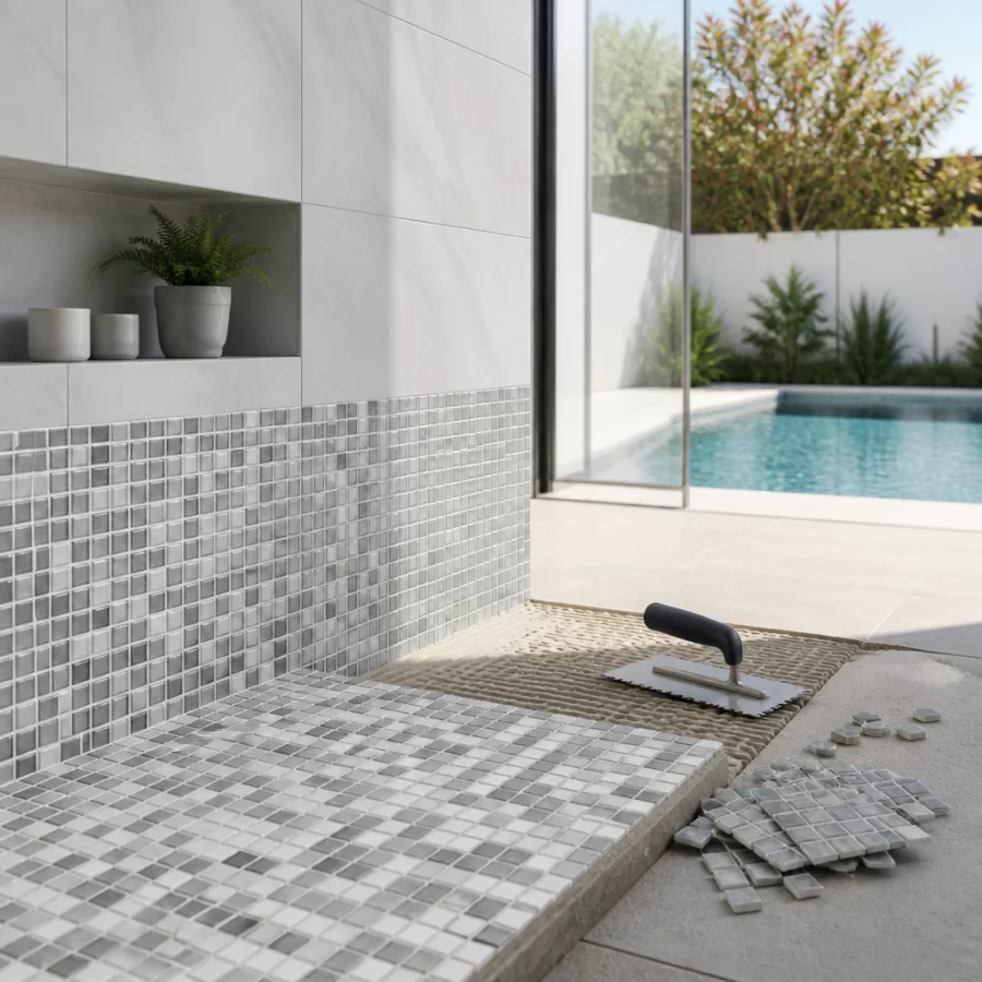 Không gian phòng tắm lát gạch mosaic gợi ý lựa chọn keo phù hợp cho khu vực ẩm ướt