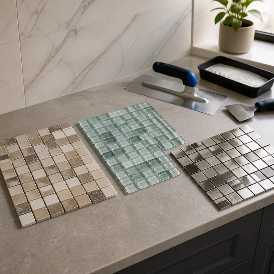 Ba mẫu gạch mosaic gốm, thủy tinh và ánh kim đặt cạnh dụng cụ thi công keo