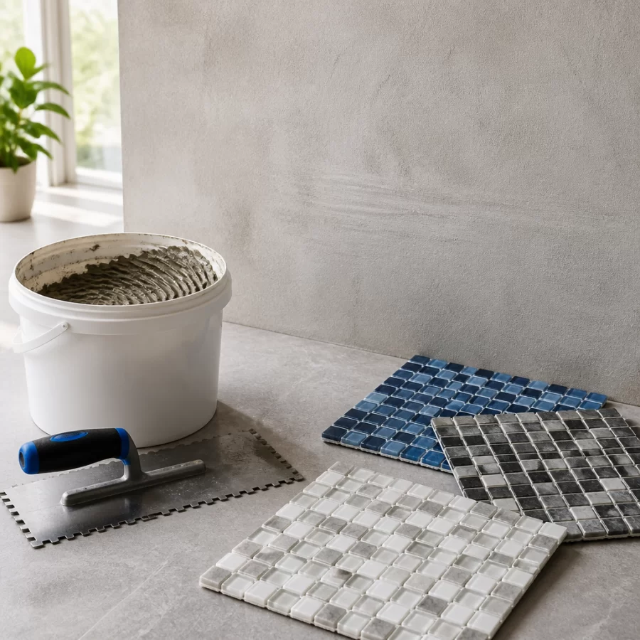 Không gian thi công với keo dán, bay răng cưa và vỉ gạch mosaic chuẩn bị ốp lát.
