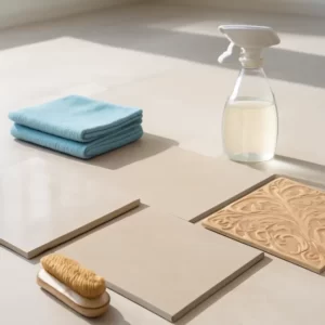 Bộ mẫu gạch Ấn Độ với bề mặt bóng, bề mặt mờ và bề mặt carving cùng khăn lau và bàn chải mềm để minh họa cách vệ sinh gạch Ấn Độ.