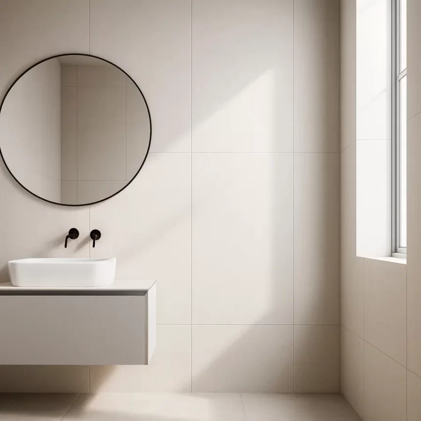 Phòng tắm hiện đại sử dụng gạch 40x80 Novita Dolce Vita 4801 Phối cảnh phòng tắm hiện đại với tường ốp gạch 40x80 Novita Dolce Vita 4801 màu trắng xám men matt hiệu ứng mịn