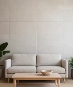 Gạch ốp lát Novita MOVENZA 40x80 màu be xám nhạt, bề mặt men matt, được ốp trên tường phòng khách hiện đại.