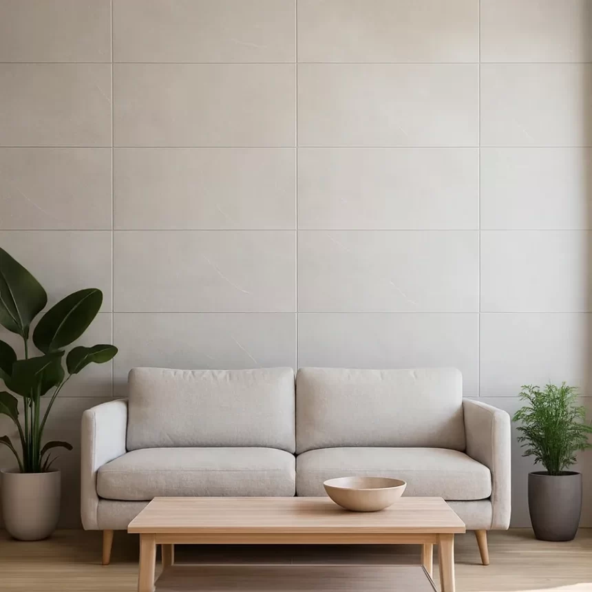 Gạch Novita MOVENZA 40x80 ốp tường phòng khách Gạch ốp lát Novita MOVENZA 40x80 màu be xám nhạt, bề mặt men matt, được ốp trên tường phòng khách hiện đại.