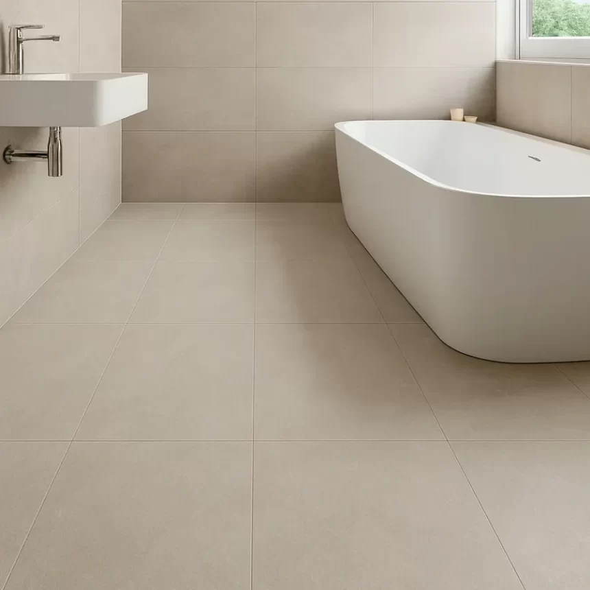 Sàn phòng tắm lát gạch Novita MOVENZA 40x80 Gạch lát sàn phòng tắm Novita MOVENZA 40x80, màu be xám nhạt, men matt, chống trơn trượt, phối nhịp lặp tự nhiên.
