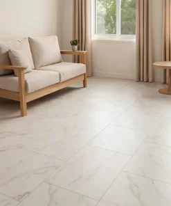 Phòng khách rộng lát nền bằng gạch 40x80 Volano 4801 trắng xám vân đá marble tự nhiên, ánh sáng ban ngày.