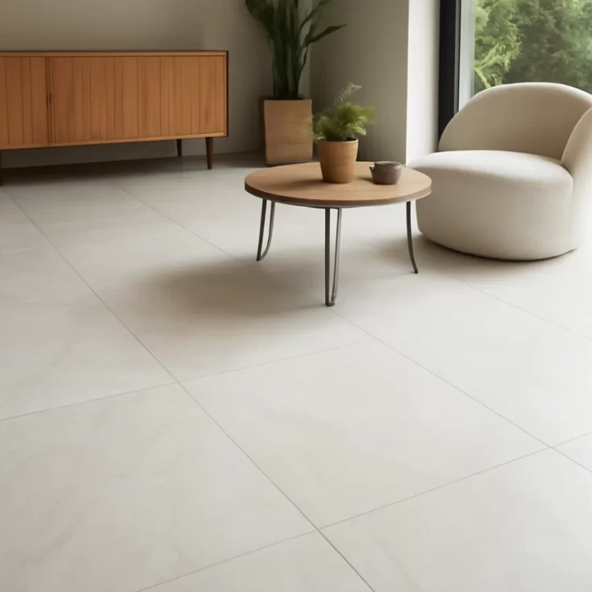 Góc nhìn không gian nội thất hiện đại lát gạch Ấn Độ 80x80 bề mặt phẳng mịn, ron gọn