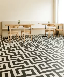 Sàn quán cafe nhỏ lát kín gạch bông Novita OLIVE 2202, hoa văn đồng bộ tạo mảng lặp bắt mắt