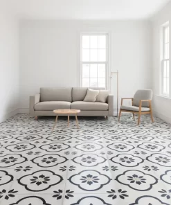 Gạch bông Novita OLIVE 2204 lát kín sàn phòng khách phong cách hiện đại, tông trắng đen nhã nhặn, hoa văn nổi bật
