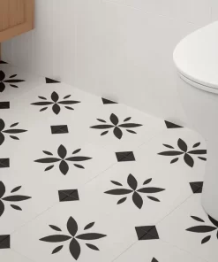 Mẫu gạch bông Novita OLIVE 2207 được lát trên sàn phòng tắm hiện đại, với nhịp lặp hoa văn sắc nét, màu sắc chuẩn xác theo mẫu.