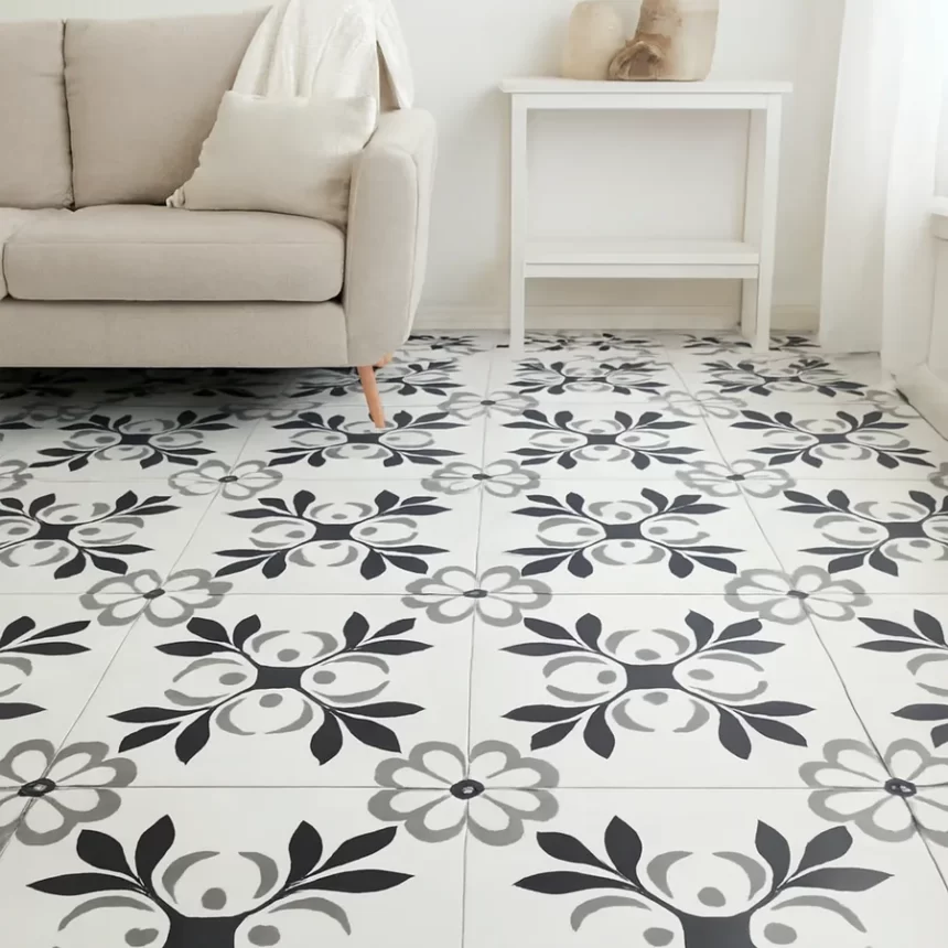 Gạch bông Novita OLIVE 2210 lát nền phòng khách Ảnh phòng khách sử dụng gạch bông Novita OLIVE 2210 20x20cm, giữ đúng màu sắc, hoa văn và nhịp lặp giữa các viên gạch trên sàn.