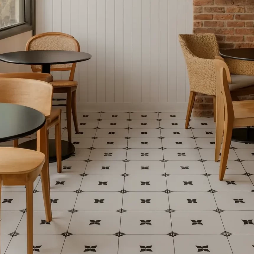 Sàn quán cafe phong cách lát gạch bông Novita OLIVE 2211 Quán cafe lát sàn bằng gạch bông Novita OLIVE 2211 đúng hoa văn góc cạnh, bề mặt matt, màu trắng đen tự nhiên.