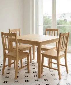 Không gian phòng ăn lát sàn bằng gạch bông Novita OLIVE 2211, hoa văn tối giản màu đen trên nền trắng, bề mặt matt tự nhiên.