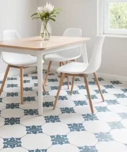 Khu vực bàn ăn hiện đại lát sàn gạch bông Novita OLIVE 2214 20x20 với họa tiết đa sắc nổi bật