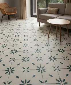 Ảnh lát sàn phòng khách với mẫu gạch bông 20x20 Novita OLIVE 2215 màu trắng hoa văn xanh lá đơn giản, chân thực với ánh sáng tự nhiên.