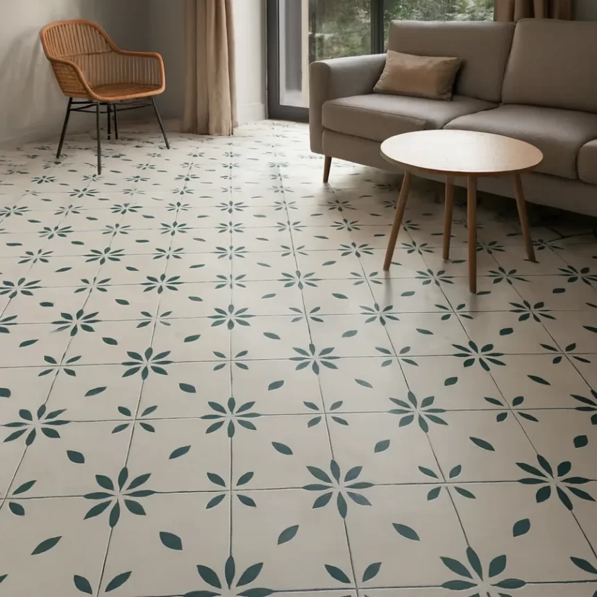 Phối cảnh lát sàn phòng khách với gạch bông Novita OLIVE 2215 Ảnh lát sàn phòng khách với mẫu gạch bông 20x20 Novita OLIVE 2215 màu trắng hoa văn xanh lá đơn giản, chân thực với ánh sáng tự nhiên.