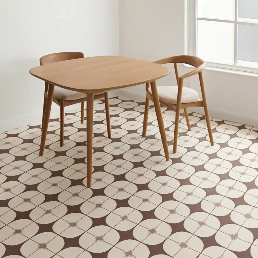 Gạch bông 20x20 Novita OLIVE 2217 lát sàn phòng ăn hiện đại Mẫu gạch bông Novita OLIVE 2217 được lát sàn phòng ăn, giữ nguyên hoa văn và màu sắc thực tế.