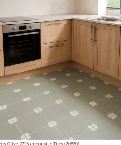 Sàn bếp lát gạch bông Novita OLIVE 2218 màu xanh olive, họa tiết góc độc đáo, không che khuất.