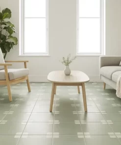 Gạch bông Novita OLIVE 2218 lát sàn phòng khách, giữ đúng màu, họa tiết và nhịp gạch như ảnh mẫu.