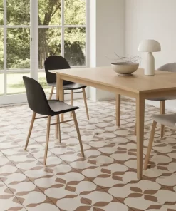 Phòng ăn hiện đại với sàn lát gạch bông Novita OLIVE 2220 họa tiết đặc trưng, ánh sáng tự nhiên