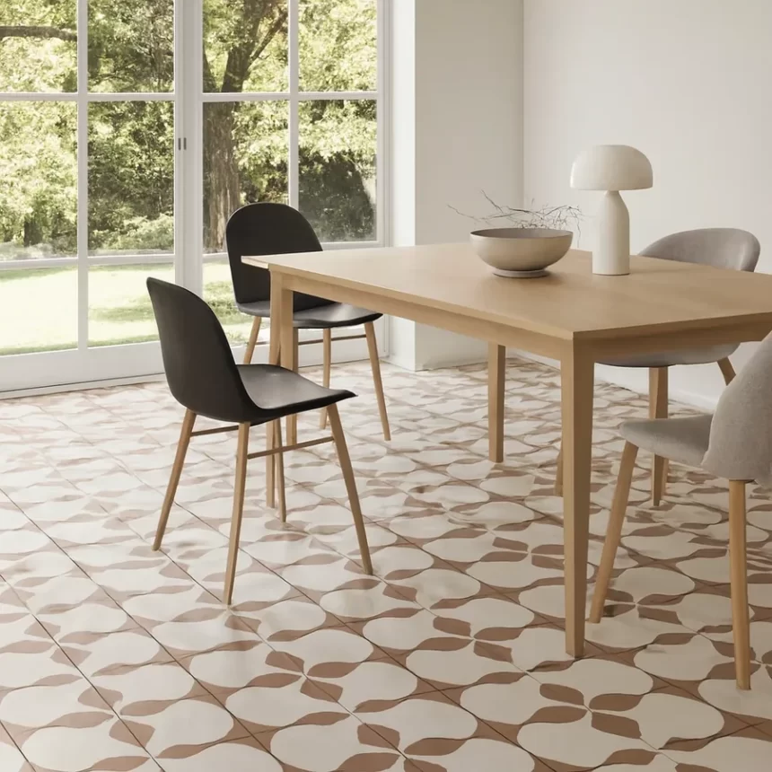 Không gian phòng ăn lát gạch bông Novita OLIVE 2220 Phòng ăn hiện đại với sàn lát gạch bông Novita OLIVE 2220 họa tiết đặc trưng, ánh sáng tự nhiên