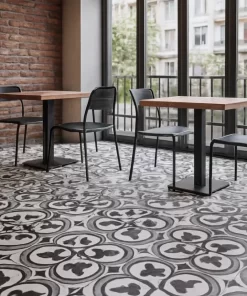Sàn quán cafe hiện đại lát gạch bông Novita OLIVE 2225 với hoa văn đặc trưng, ánh sáng tự nhiên