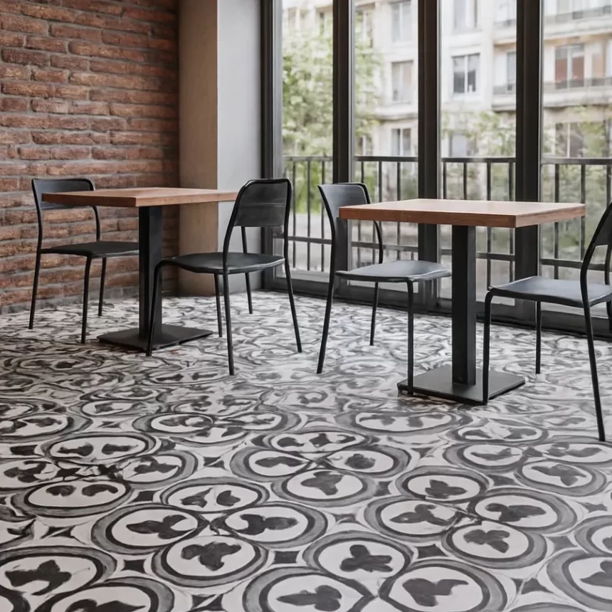 Không gian quán cafe lát Gạch bông Novita OLIVE 2225 Sàn quán cafe hiện đại lát gạch bông Novita OLIVE 2225 với hoa văn đặc trưng, ánh sáng tự nhiên