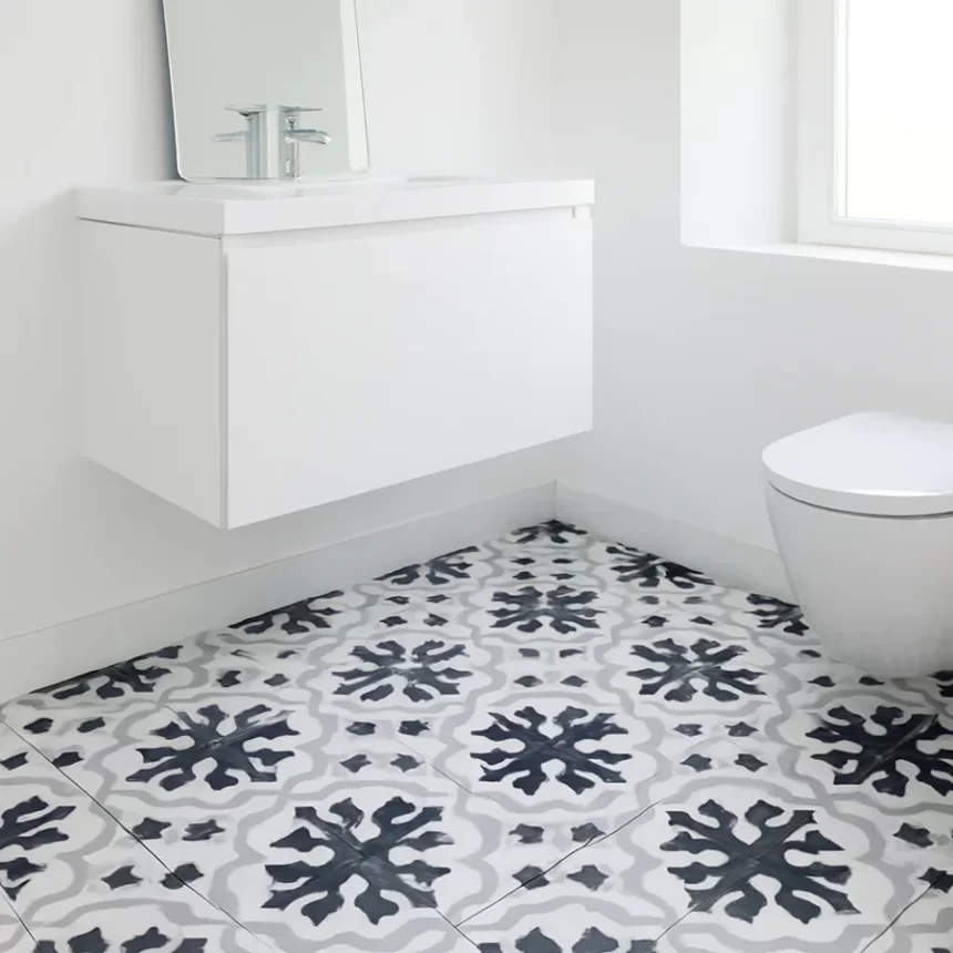 Nhà tắm lát gạch bông Novita OLIVE 2226 20x20 Phòng tắm có nền lát gạch bông Novita OLIVE 2226 20x20 men matt, nổi bật hoa văn trắng xám đen