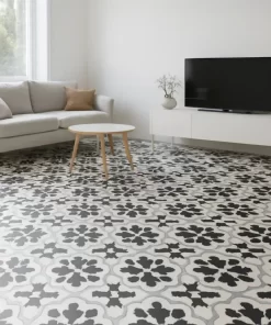 Không gian phòng khách hiện đại lát nền bằng gạch bông Novita OLIVE 2226 20x20 vân hoa độc đáo