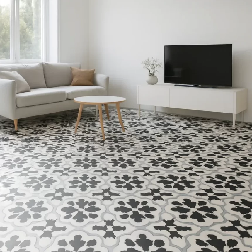 Phòng khách lát gạch bông Novita OLIVE 2226 20x20 Không gian phòng khách hiện đại lát nền bằng gạch bông Novita OLIVE 2226 20x20 vân hoa độc đáo