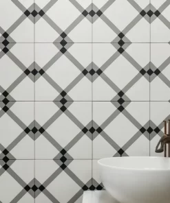 Gạch bông OLIVE 2228 20x20cm ốp tường phòng tắm, hoạ tiết giữ nguyên như ảnh tham chiếu, bề mặt men matt, phối cảnh chân thực rõ ràng.