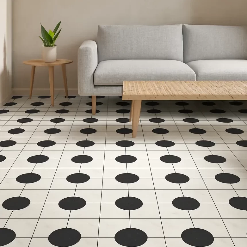Gạch bông 20x20 Novita OLIVE 2229 lát nền phòng khách Phối cảnh gạch bông Novita OLIVE 2229 20x20 lát nền phòng khách hiện đại, giữ đúng màu, vân và họa tiết từ mẫu tham chiếu.