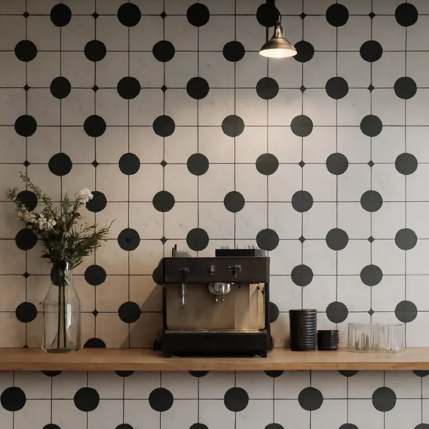 Gạch bông 20x20 Novita OLIVE 2229 ốp tường quán cafe Gạch bông Novita OLIVE 2229 20x20 men matt ốp tường sau quầy bar quán cafe, giữ nguyên hoa văn và màu sắc mẫu tham chiếu.