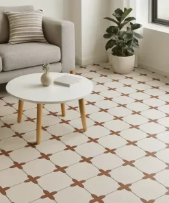 Phối cảnh phòng khách hiện đại với sàn lát gạch bông Novita OLIVE 2230, thể hiện hoa văn và màu sắc thật của gạch